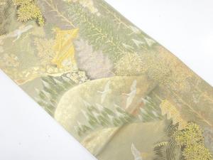 樹木に鶴・寺院風景模様織り出し　袋帯